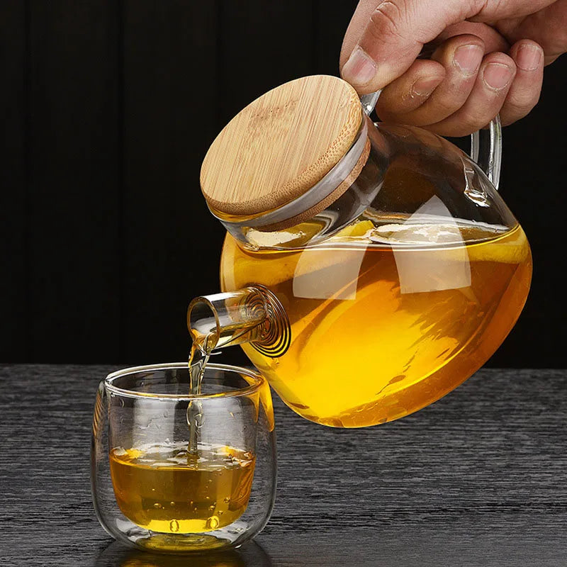 Heat Resistant Glass Tea Infuser Pot With Wooden Cover Flower Tea Puer Kettle Coffee Cup Teapot Set Wzpi