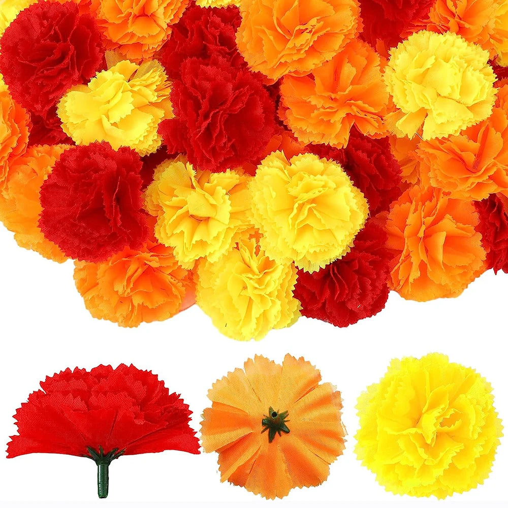 Yannew 50pcs Artificial Marigold Flower Head Yellow Bulk Day of the Dead Decoration for DIY Wreath Halloween Diwali Indian Decor
