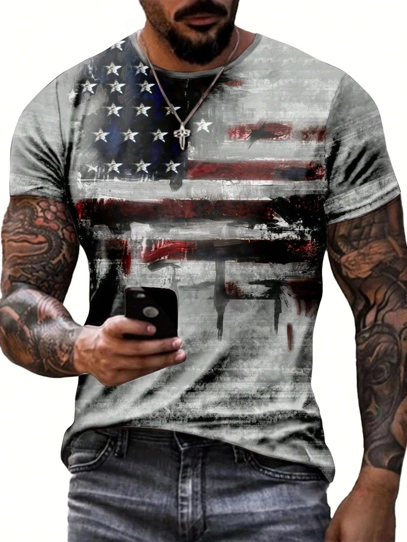 2024 American Independence Day T-Shirt Men Summer Casual T-Shirt With American Flag Print Round Neck Short Sleeve Street Clothes