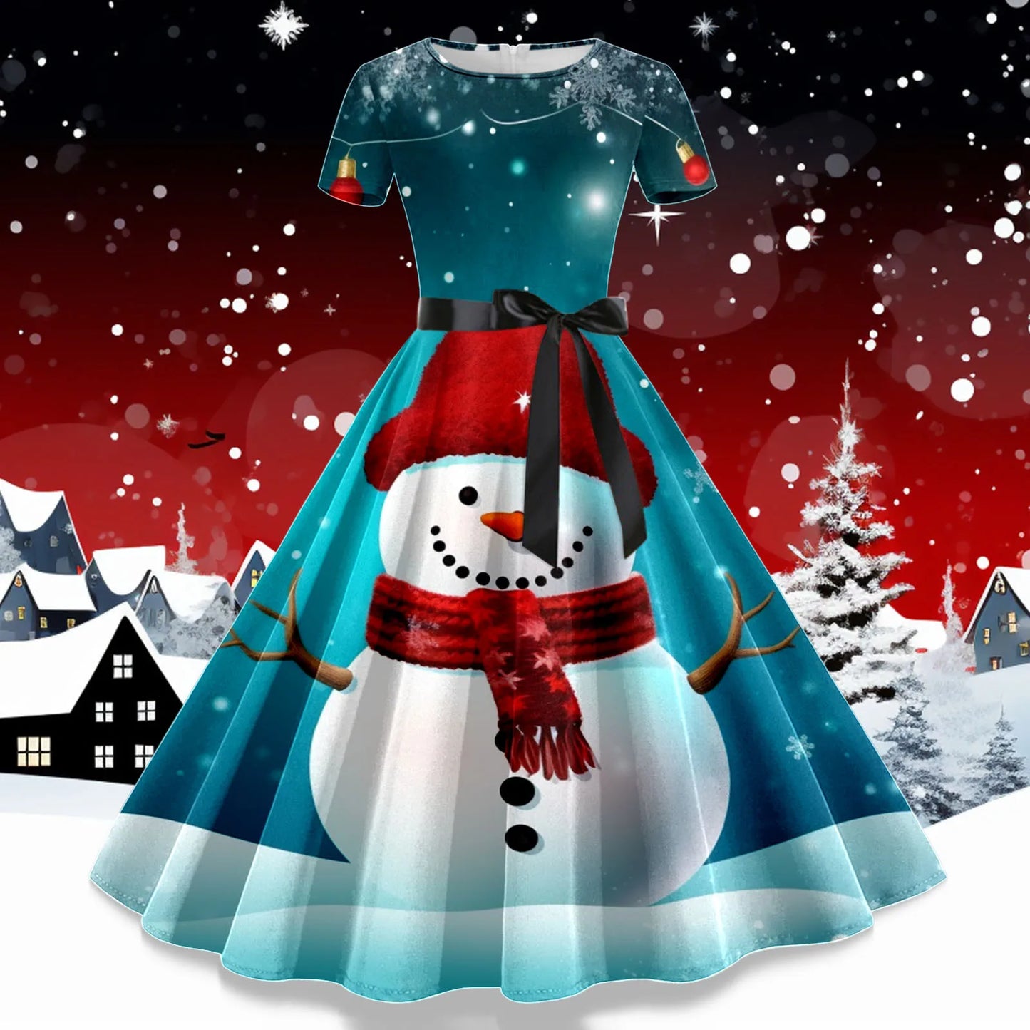 Robe Christmas Dresses for Women Winter Pinup Rockabilly Sexy Cosplay Party Dress Santa Claus Snow Print Cocktail Prom Dress