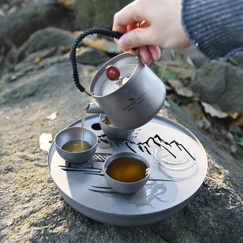 Boundless Voyage Tea Pot Cup Chinese Titanium Kung Fu Tea Set Camping Portable Ultralight Landscape Painting Tea Tray and Kettle