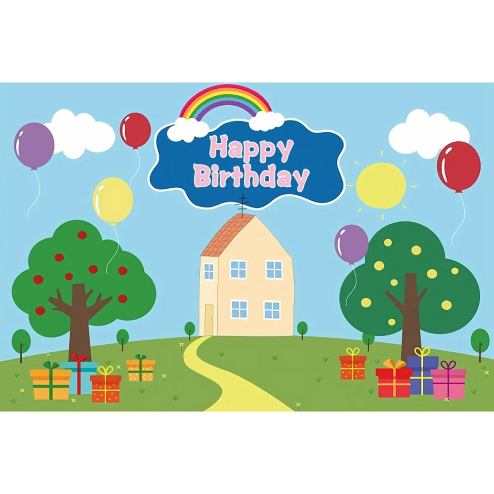 Spring Sky Cloud Tree Balloon Backdrop Children 1th Birthday Party Baby Shower Blue Banner Pig House Photography Background