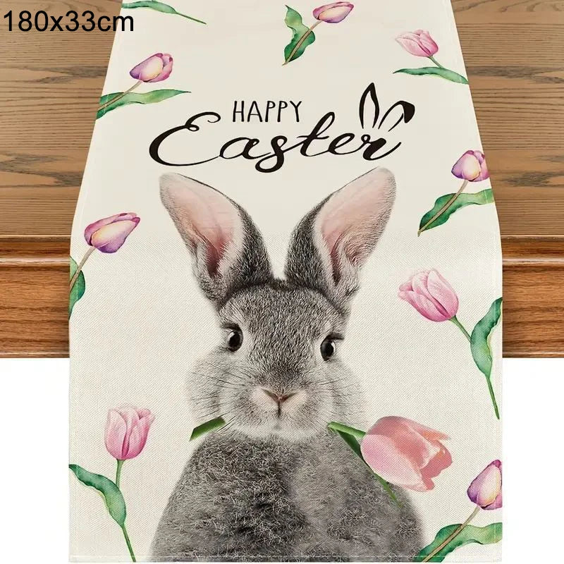 Linen Easter Table Runner Cute Bunny Dining Table Cloth 2024 Spring Holiday Happy Easter Decoration for Home Party Supplies Gift