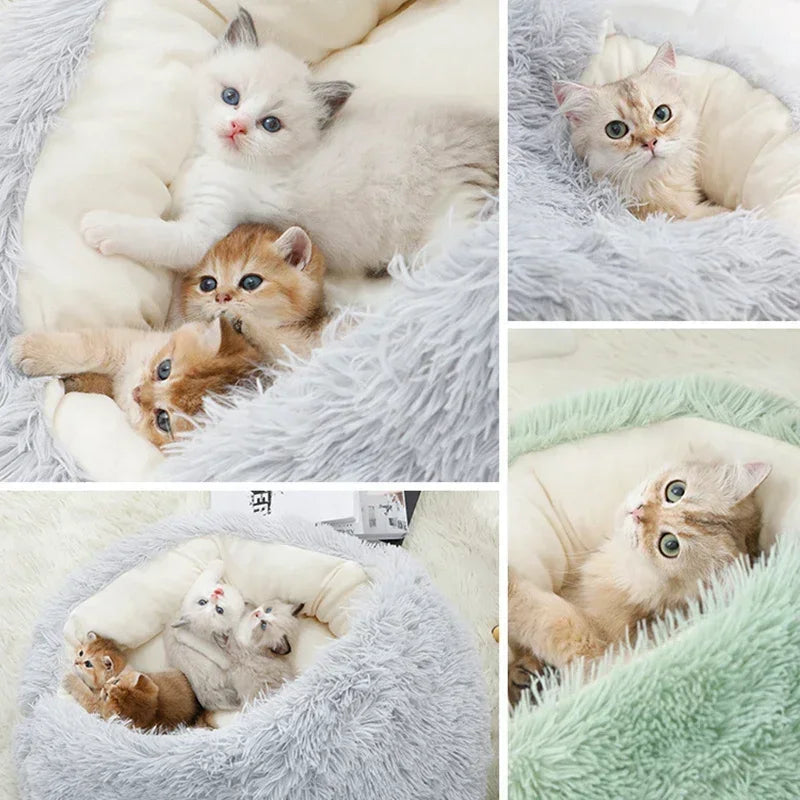 Winter Soft Plush Pet Bed With Cover Round Cat Bed Pet Mattress Warm Cat Dog Sleeping Nest Cave for Small Dogs Kitten 2 in 1