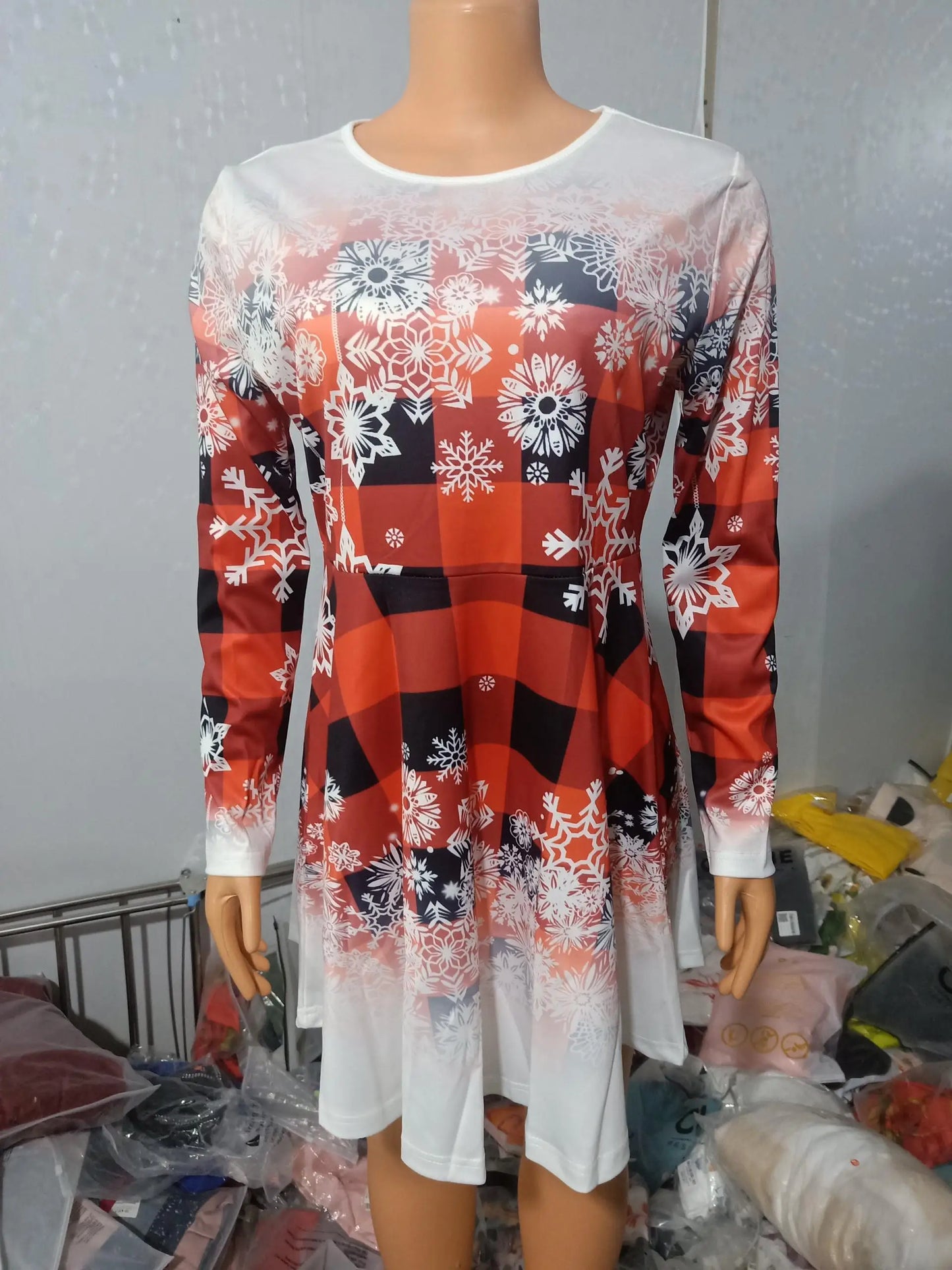Womens Dresses 2023 Spring Fashion Christmas Snowflake Plaid Print Casual O-Neck Long Sleeve Mini a Line Christmas Dress