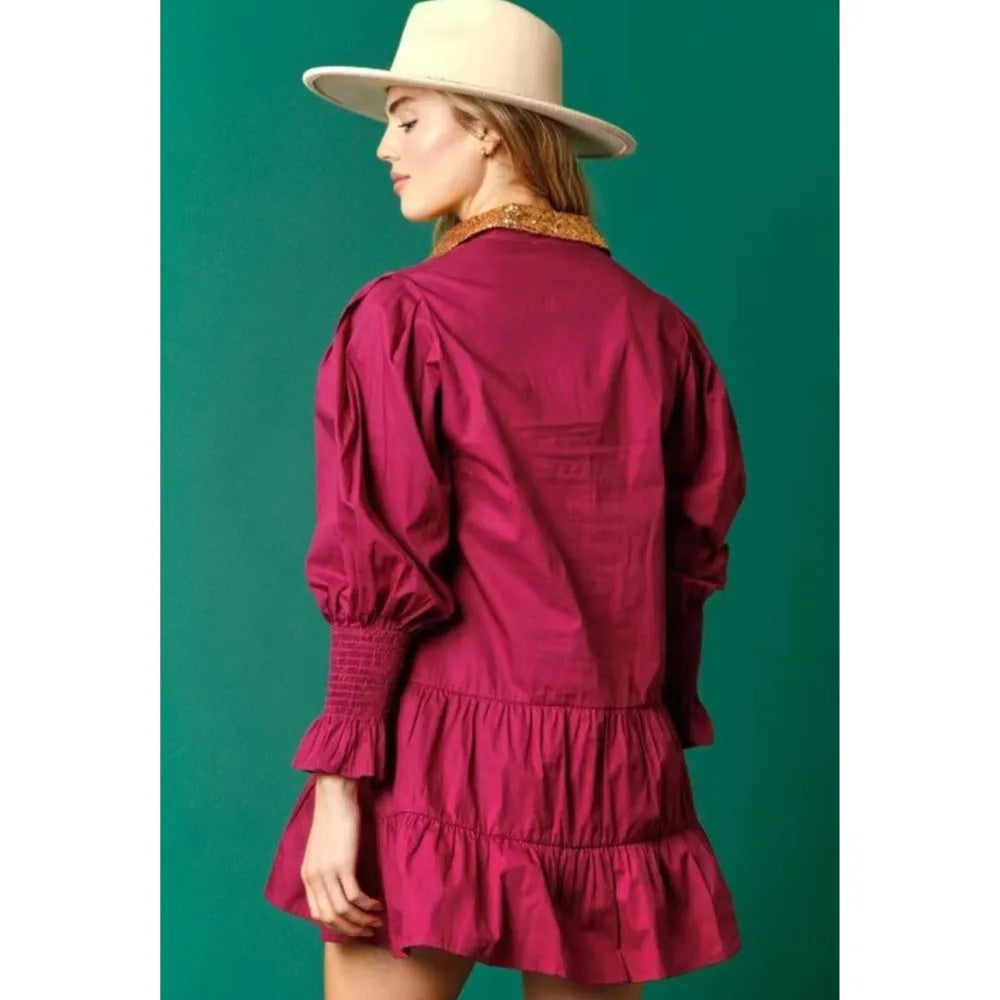 Sequin Christmas Women's Shirt Dress Outfit Holiday Nutcracker Tiered Dress Sweatshirt Dress Long Sleeve Tiered Mini Sundress