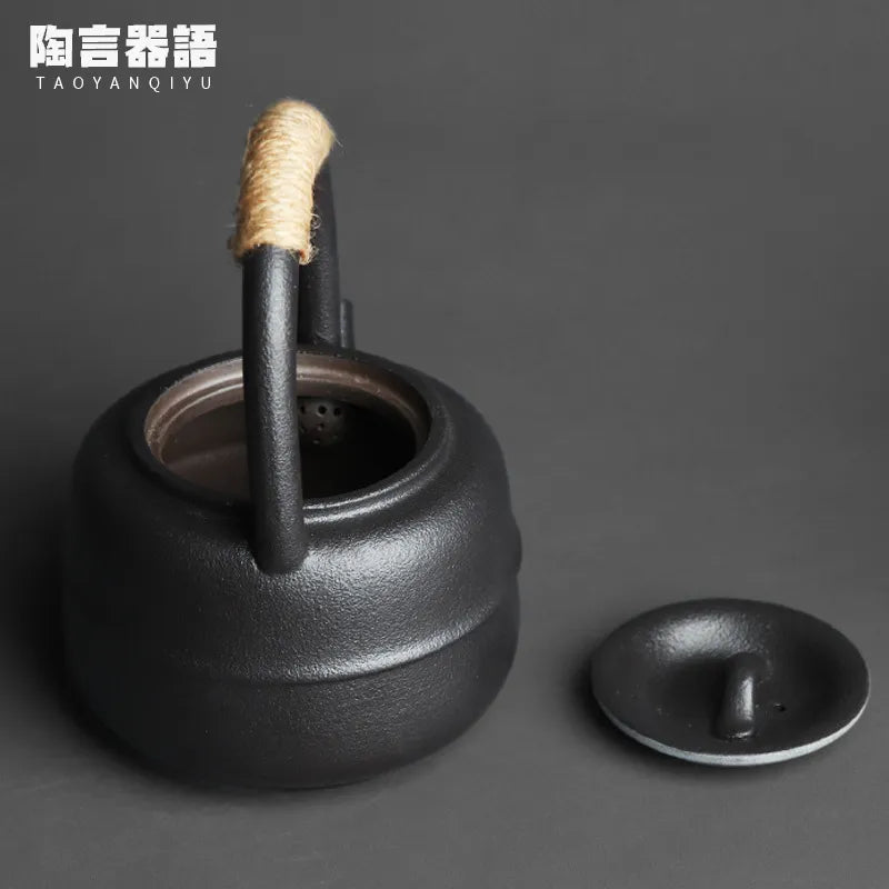 460ml Japanese-Style Kiln Changed Retro Stoneware Large-Sized Handle Teapot Handmade Pottery Kung Fu Wide-Mouth Warm Tea Kettle