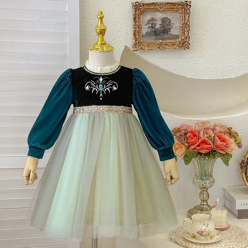 Girls' Autumn/Winter 2024 New Velvet Dress Children Halloween Cosplay Birthday Party Elegant Girl Anna Frozen Queen Green Dress