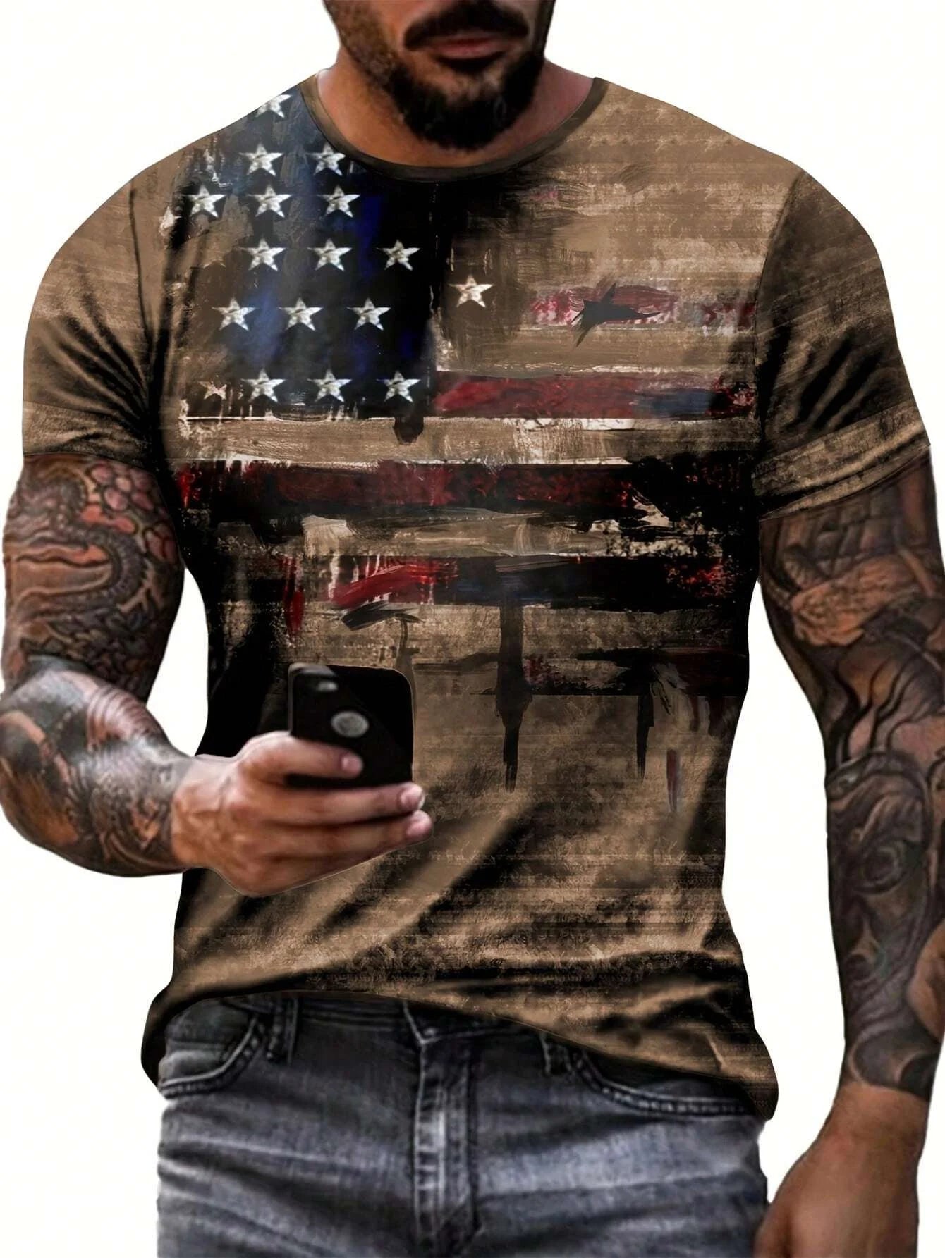 2024 American Independence Day T-Shirt Men Summer Casual T-Shirt With American Flag Print Round Neck Short Sleeve Street Clothes