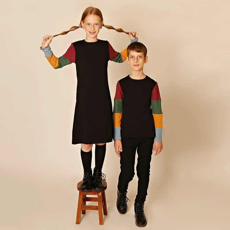 3t-12t Girls Dresses Fall Long Sleeve Clothes Children Color Block Casual T-Shirt Dresses Fashion Cotton Ribbed Knit Midi Dress