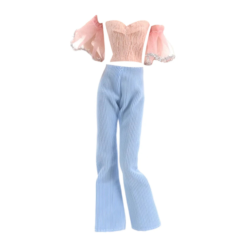 NK New Clothes for Barbie Doll Dress Fashion Pink Top+ Blue Trouseres for 1/6 Dolls Accessories Toys