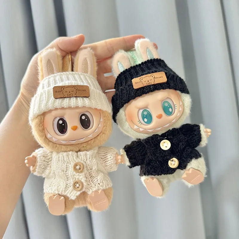 Cute Labubu Bunny Doll Accessories With Knitted Clothes Rabbit Ears Hat Heart Sweater for Toy Collectors Labubu Clothes
