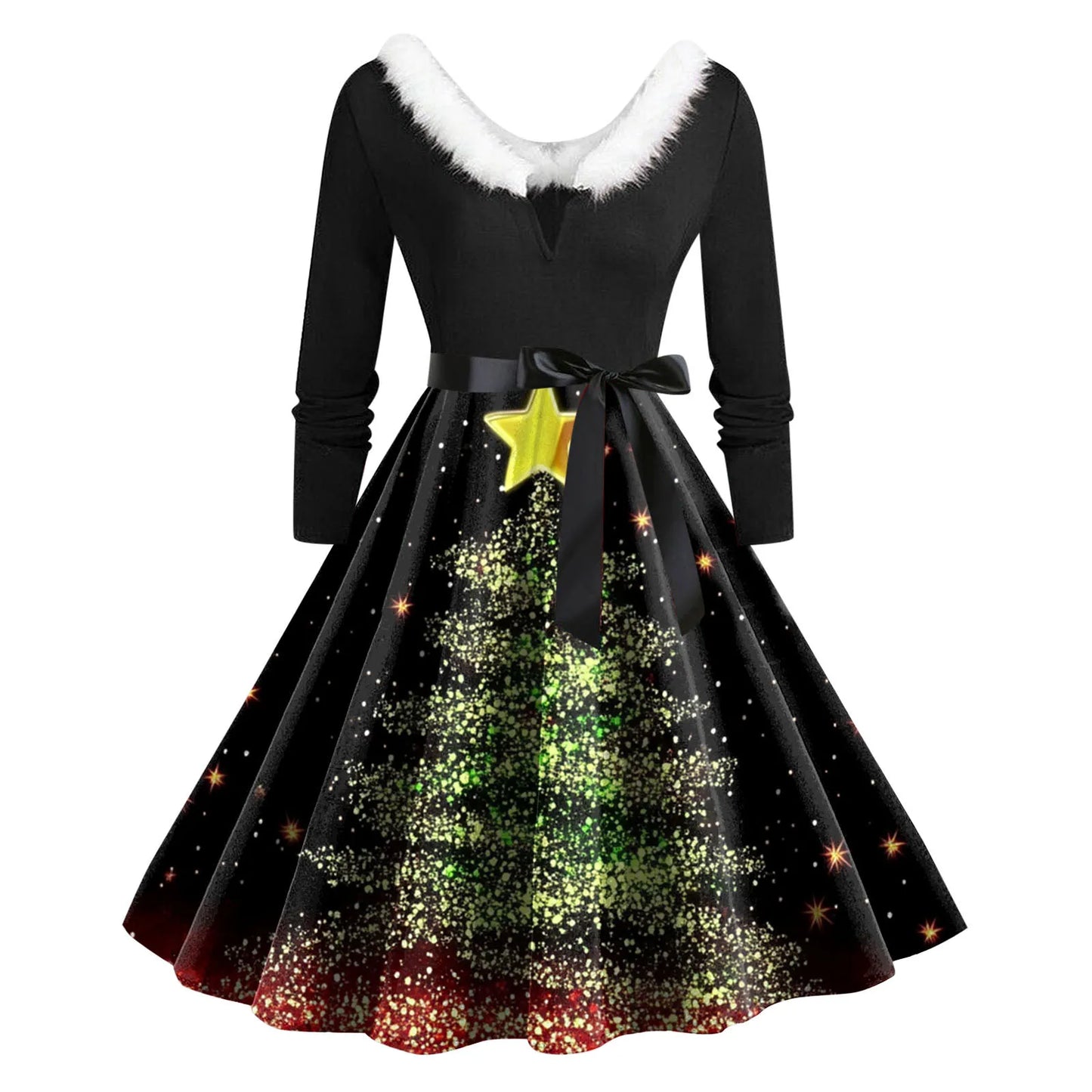 Christmas Print Vintage Dress Women Swing Robe Pinup Fur Collar Long Sleeve Party Dresses Autumn Winter A-Line Robes Vestido