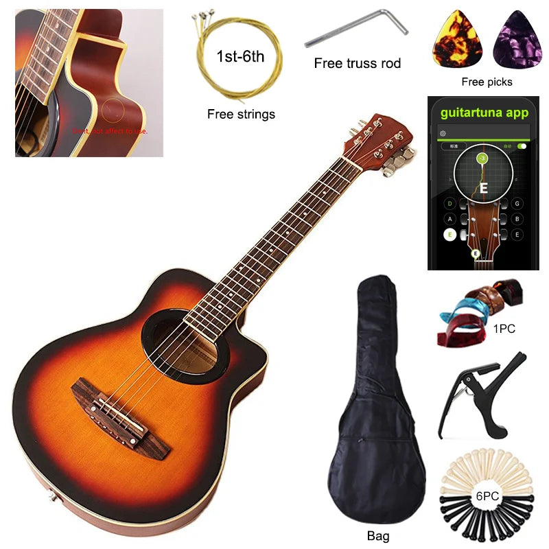 Travel Guitar 36 Inch Acoustic Guitar 6 String Mini Guitars Brown and Natural Color Folk Guitar Full Sapele