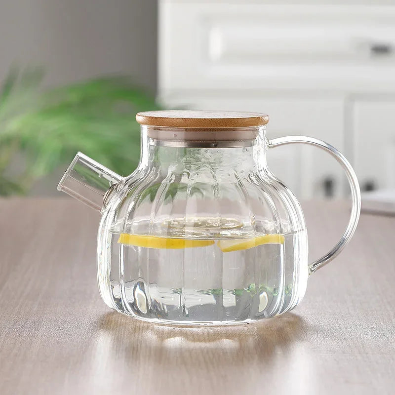 High Borosilicate Glass Tea Infuser Kettle Household Use New Chinese Teapot Bamboo Cover Set Teaware Kitchen Dining Bar Home