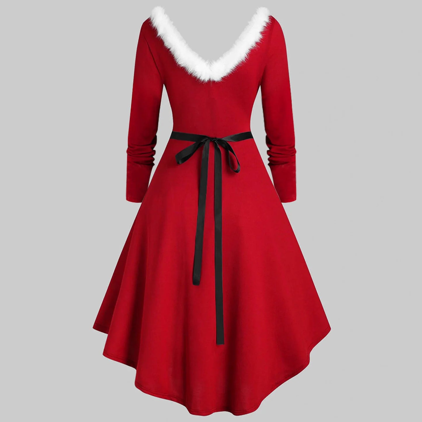Christmas Party Long Dress Women Sexy V-Neck Red Swing Dress Winter White Plush Trim Pleated Asymmetric Midi Dress Santa Costume