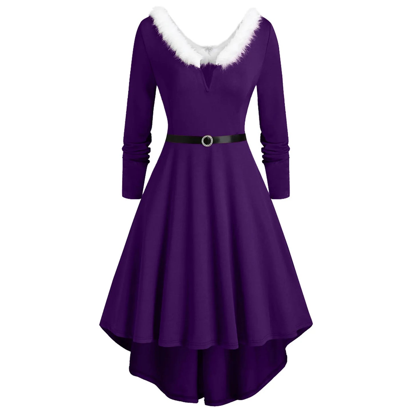 Christmas Party Long Dress Women Sexy V-Neck Red Swing Dress Winter White Plush Trim Pleated Asymmetric Midi Dress Santa Costume