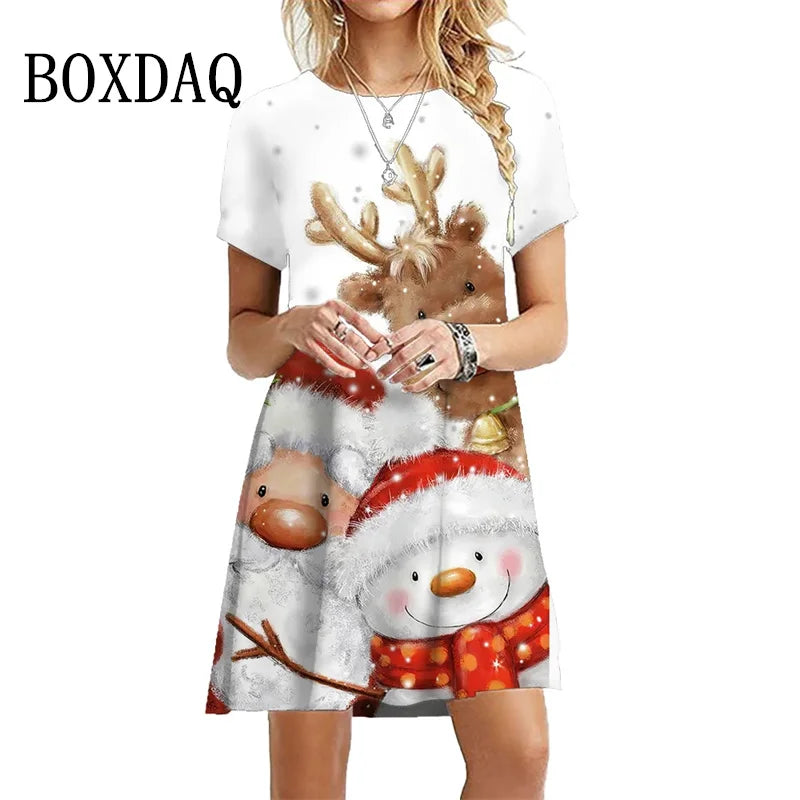 2024 Fashion Women Christmas Party Dresses Casual Cute Cartoon Santa Print Dress Loose Short Sleeve A-Line Dress