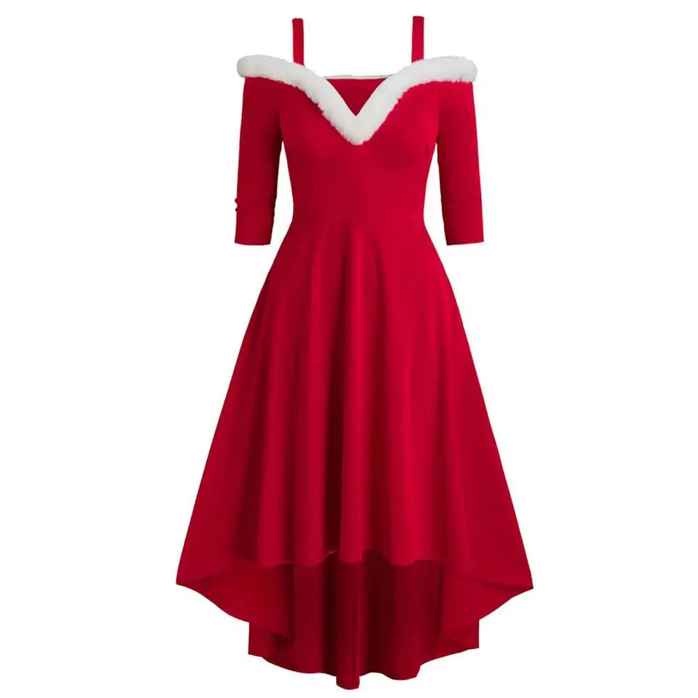 Women Dress Faux Fur Collar Sling Off Shoulder v Neck Long Sleeves Christmas Dress High Low Hem Midi Dress for Christmas