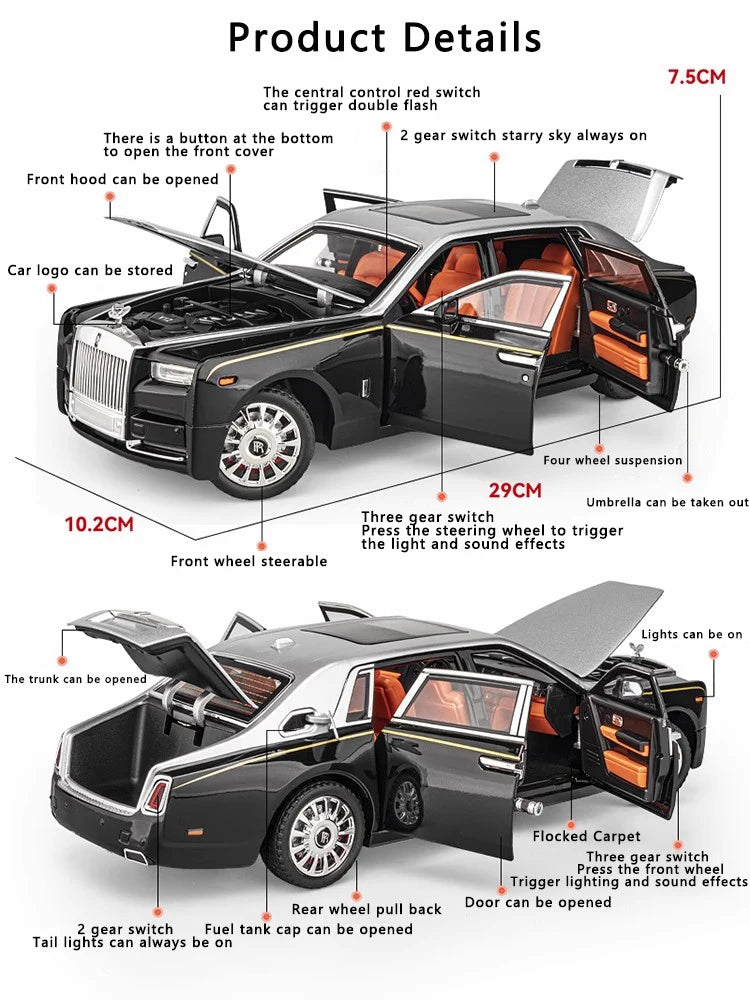 1:18 Rolls-Royce Phantom Alloy Car Model Simulation Sound and Light Pull Back Toy Car Luxury Car Boys Collection Ornaments Gift