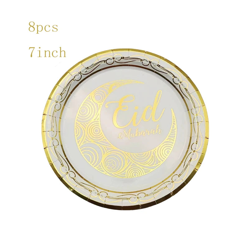 Hot Stamping Eid Mubarak Disposable Paper Plate Cup Napkin Islamic Muslim Eid Al Adha Home Party Decor Ramadan Kareem Supplies