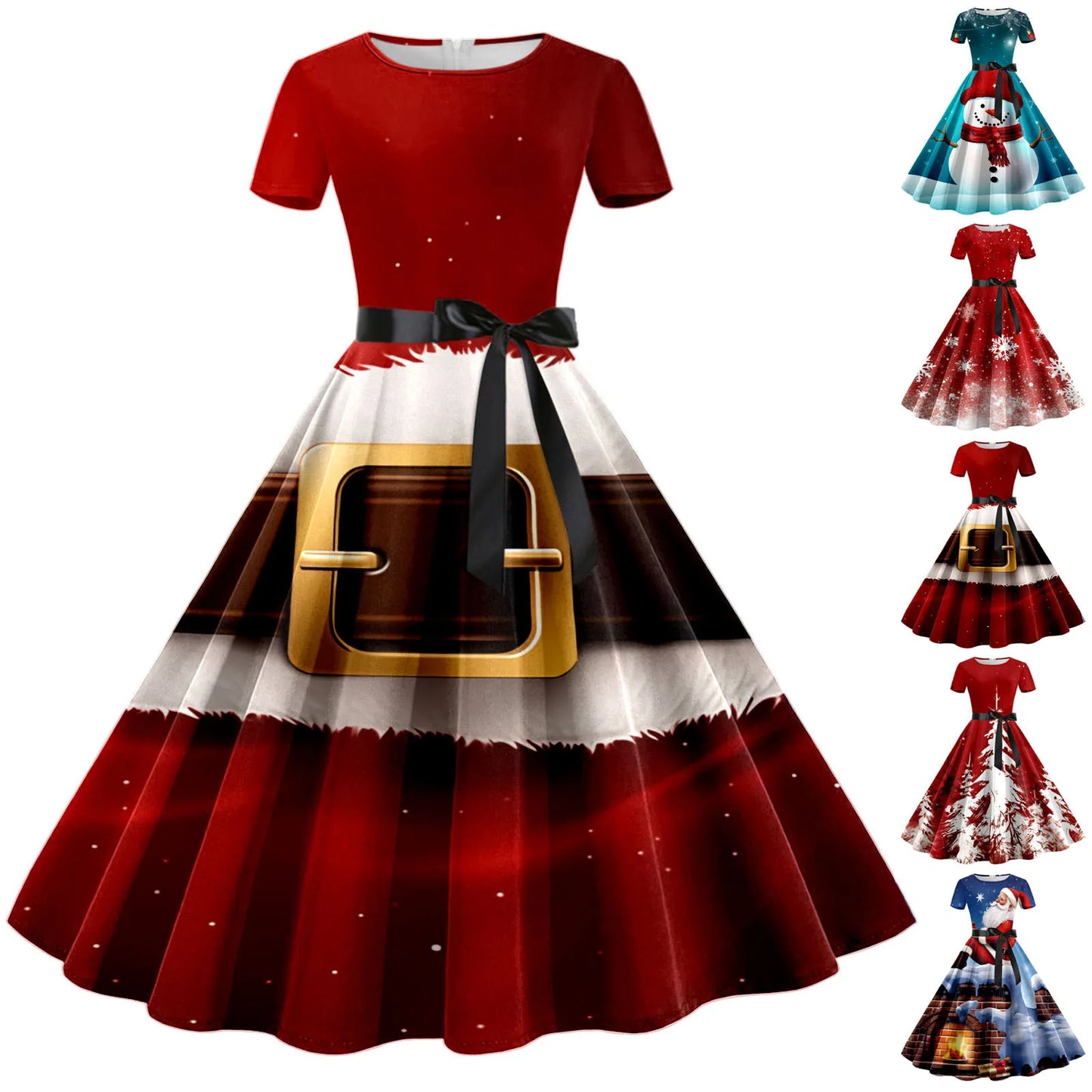 Robe Christmas Dresses for Women Winter Pinup Rockabilly Sexy Cosplay Party Dress Santa Claus Snow Print Cocktail Prom Dress