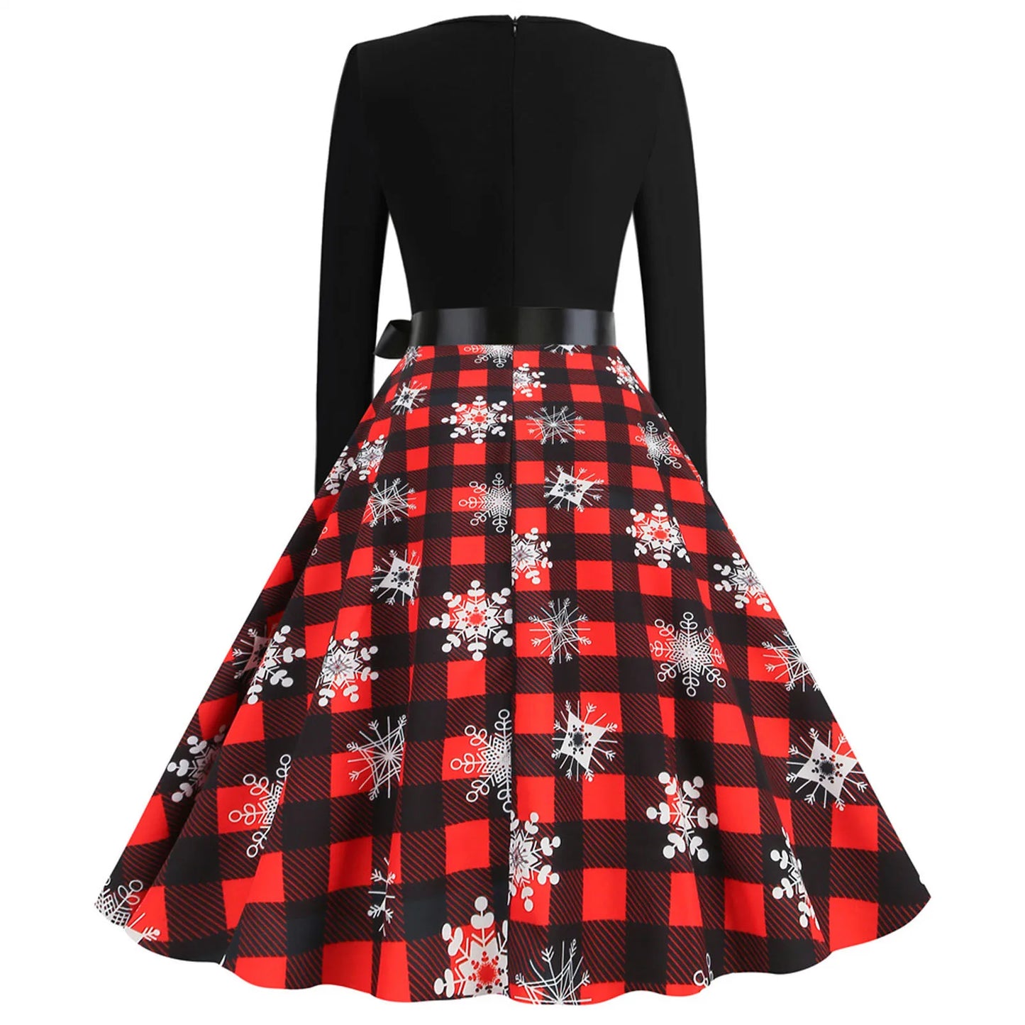 Christmas Long Sleeve Bow Belt Slim Party Women Dress Sexy Elegance Snowfalke Elk Gifts Patchwork v Neck Swing A-Line Dresses