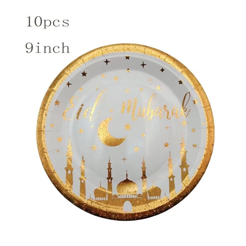 Hot Stamping Eid Mubarak Disposable Paper Plate Cup Napkin Islamic Muslim Eid Al Adha Home Party Decor Ramadan Kareem Supplies