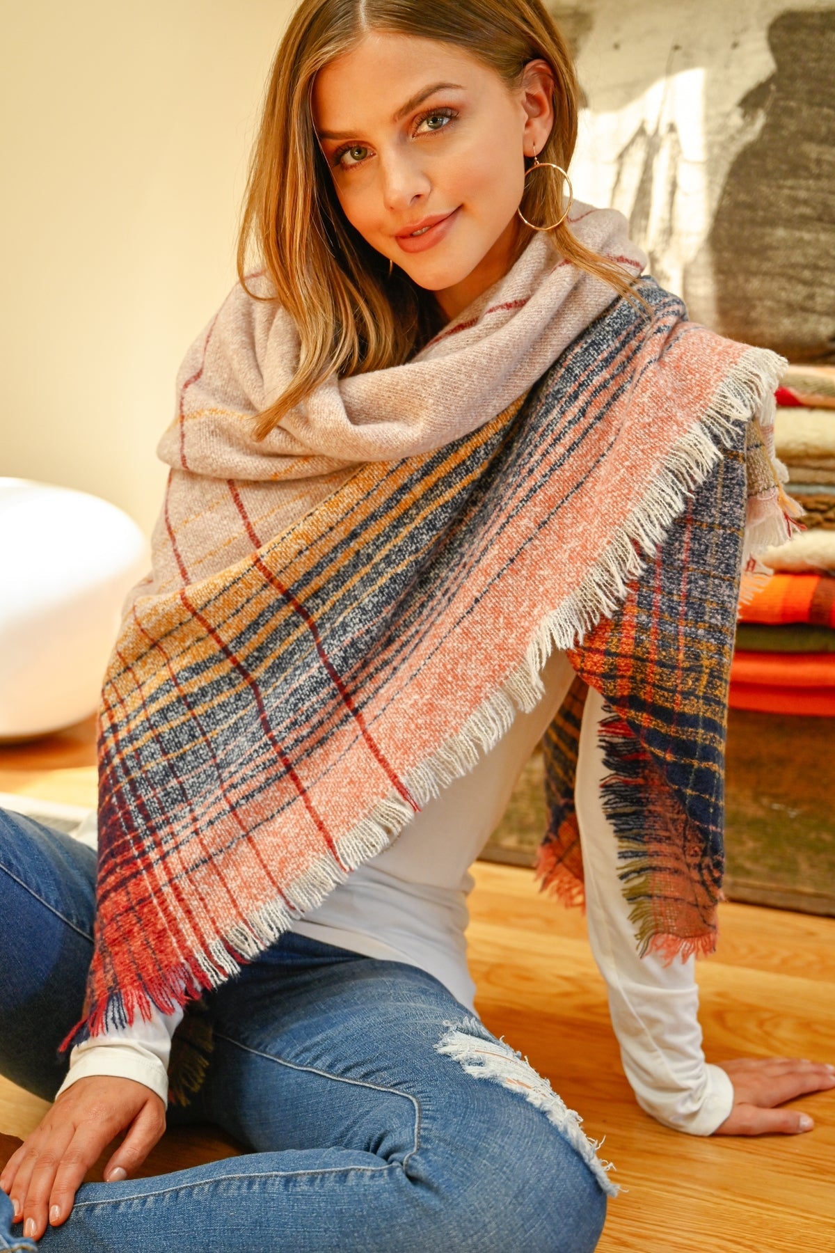 Hdf2913 - Multicolor Blanket Fringed Scarf