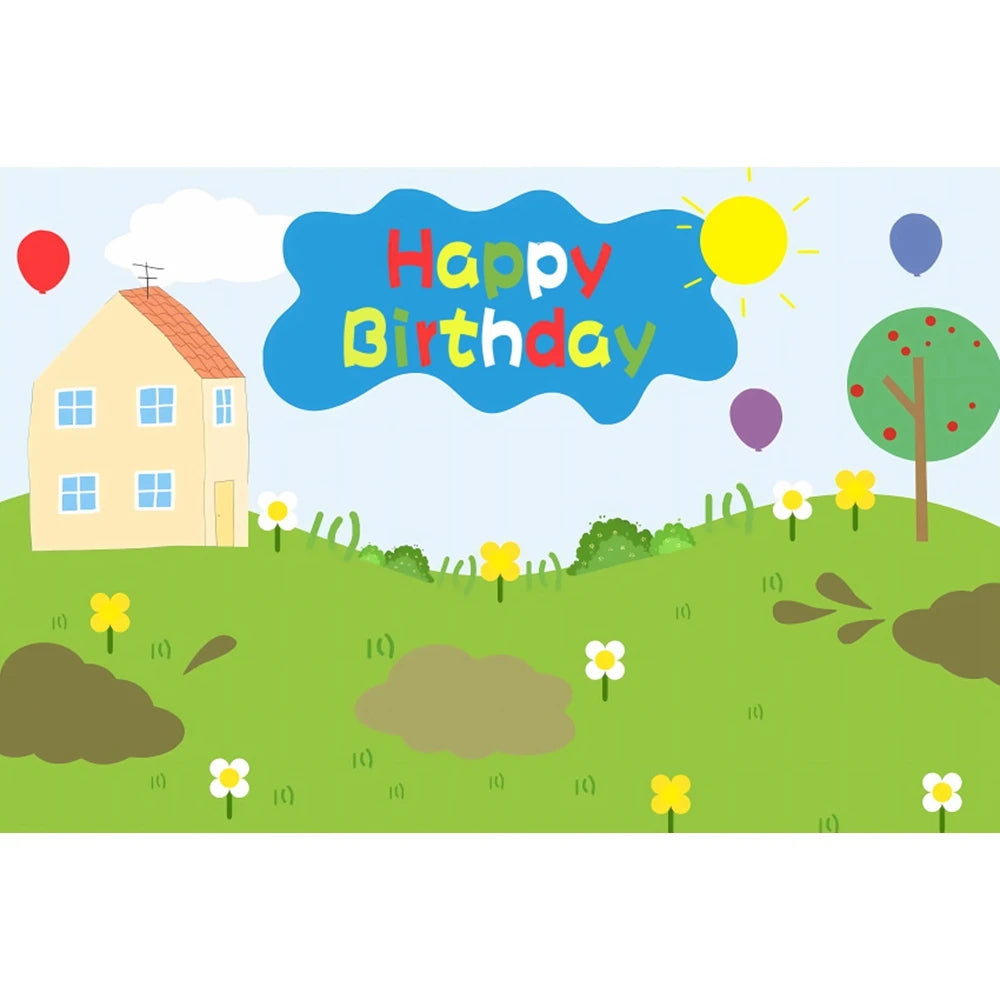 Spring Sky Cloud Tree Balloon Backdrop Children 1th Birthday Party Baby Shower Blue Banner Pig House Photography Background
