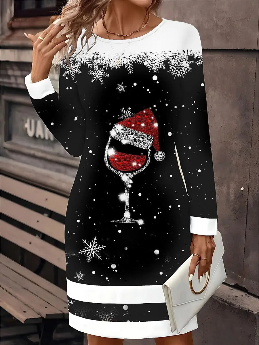 Elegant and Casual Women's Dress Black Christmas Dress Christmas Snowflake Wine Glass Print Mini Dress Long Sleeved O-Neck Dress