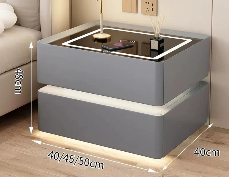 Modern Style Solid Wood Bedside Table With Wireless Charging Smart 2 Drawers Bedroom Nightstands With Lock 40cm