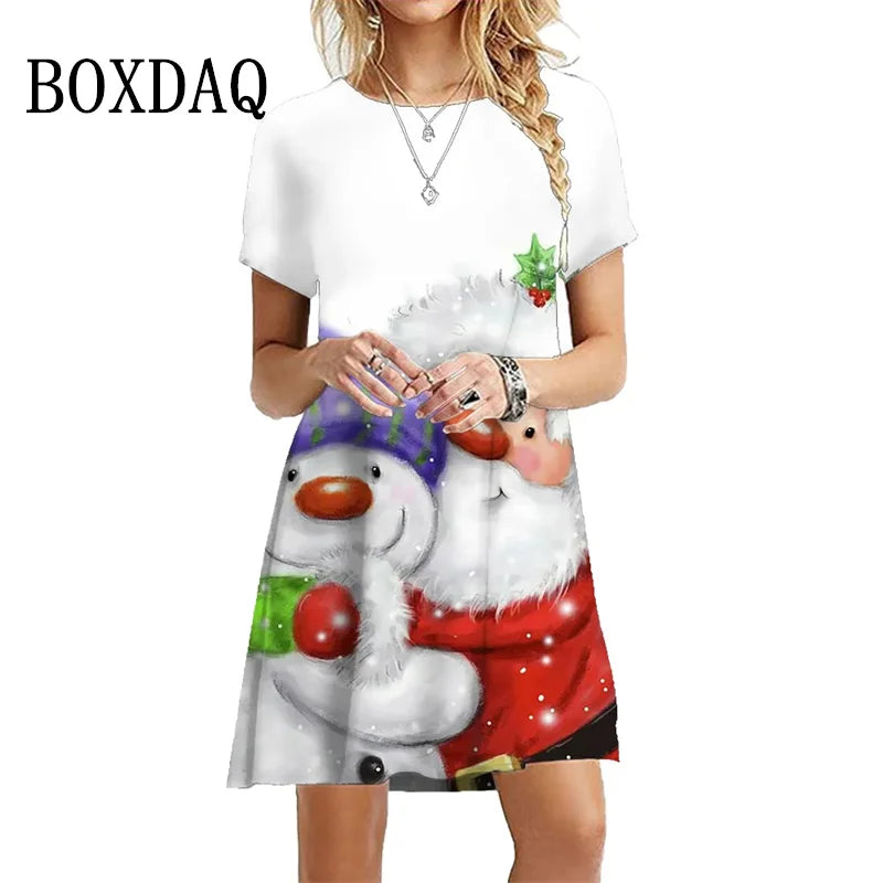 2024 Fashion Women Christmas Party Dresses Casual Cute Cartoon Santa Print Dress Loose Short Sleeve A-Line Dress