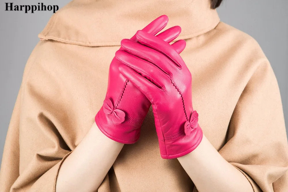 2020 Women's Genuine Leather Gloves Red Sheepskin Gloves Autumn and Winter Fashion Female Windproof Gloves