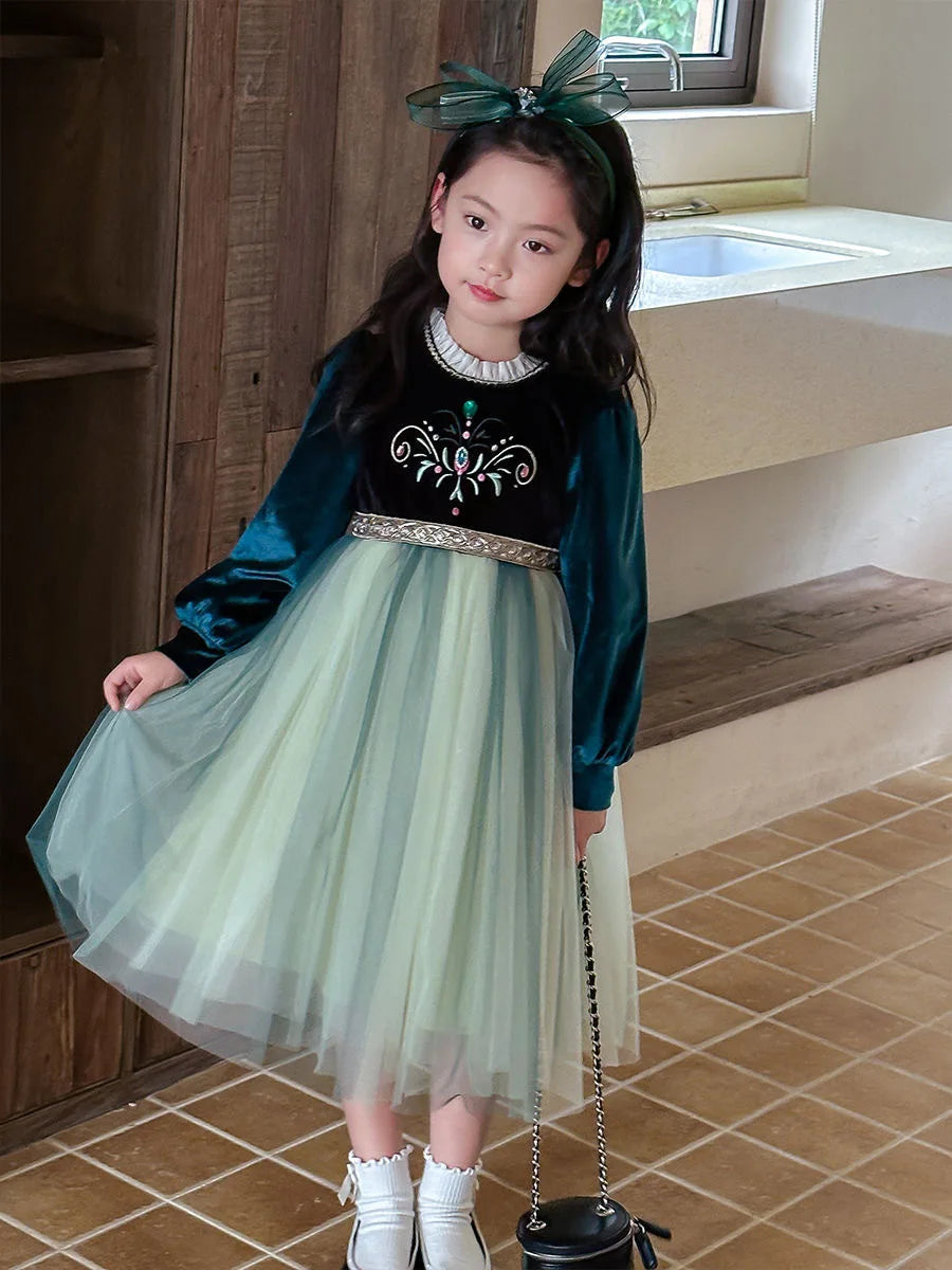 Girls' Autumn/Winter 2024 New Velvet Dress Children Halloween Cosplay Birthday Party Elegant Girl Anna Frozen Queen Green Dress