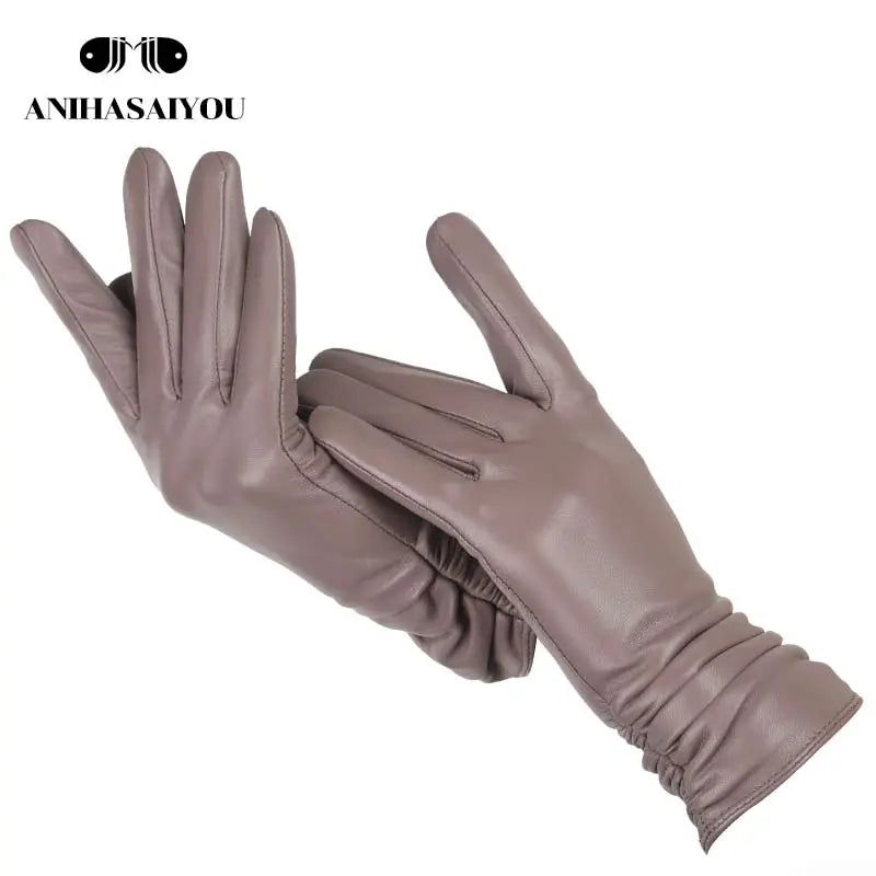 Classic Pleated Leather Gloves Women Color Real Leather Gloves Women Sheepskin Genuine Leather Winter Gloves Women-2081