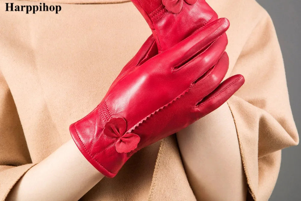 2020 Women's Genuine Leather Gloves Red Sheepskin Gloves Autumn and Winter Fashion Female Windproof Gloves