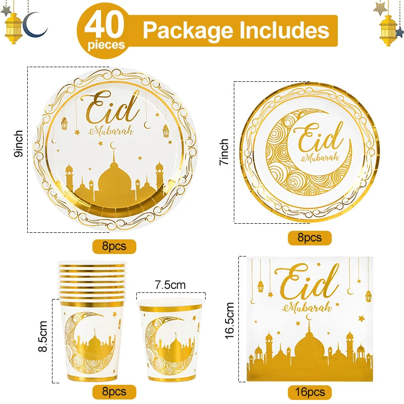 Eid Mubarak Disposable Tableware Gold Plate Cup Banner Gift Bags Islamic Muslim Party Supplies 2024 Ramadan Kareem Decorations