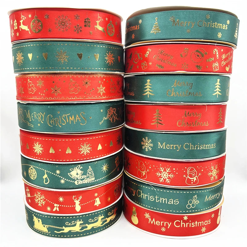 5yards 25mm Christmas Ribbon Printing Polyester Ribbon for Handmade Bow Party Christmas Decorations DIY Christmas Gift Wrapping