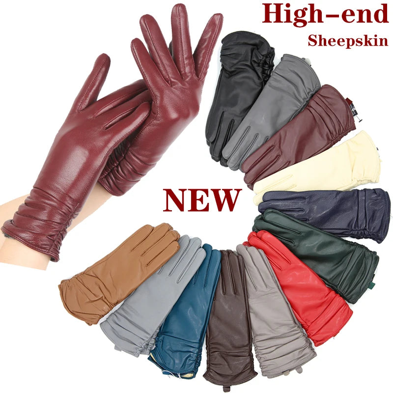 Classic Pleated Leather Gloves Women Color Real Leather Gloves Women Sheepskin Genuine Leather Winter Gloves Women-2081
