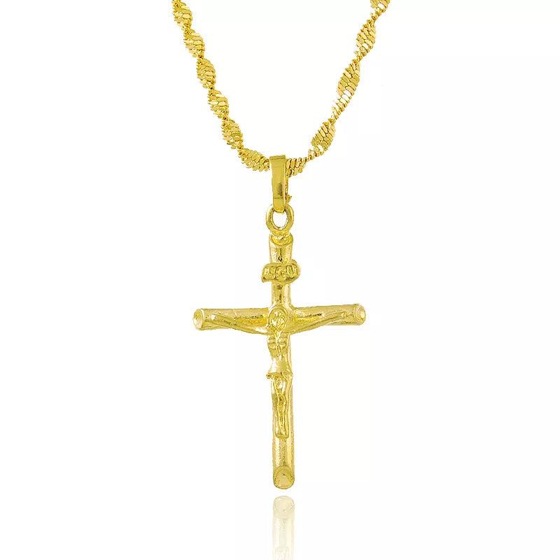 Real 24K Gold Color Cross Pendant & Necklace for Men/Women Gold Chain Religious Christian Jewelry Christmas Gifts