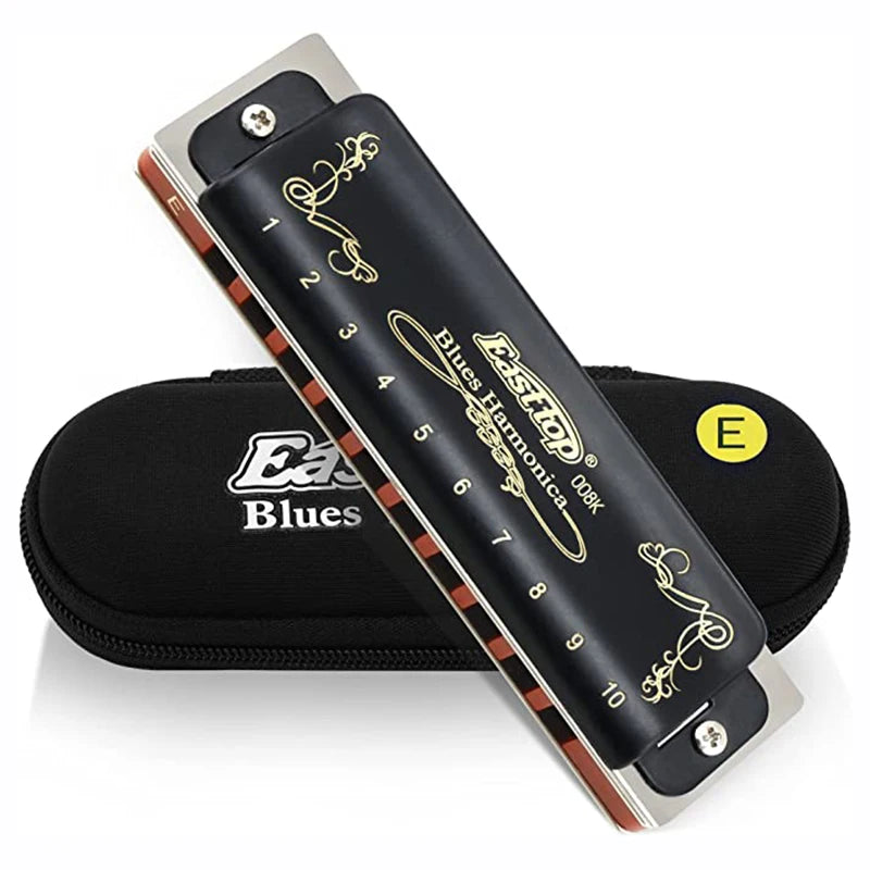 008K Diatonic Harmonica 10 Holes 20 Tones Blues Harp Mouth Organ Harmonica With Black Cover, Standard Harmonica With Canvas Bag