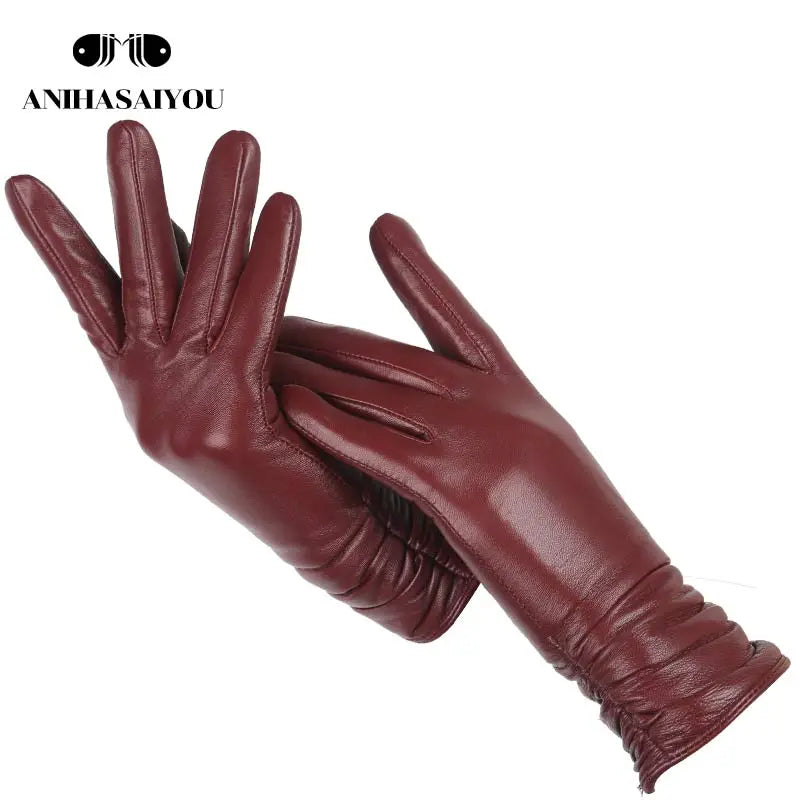 Classic Pleated Leather Gloves Women Color Real Leather Gloves Women Sheepskin Genuine Leather Winter Gloves Women-2081