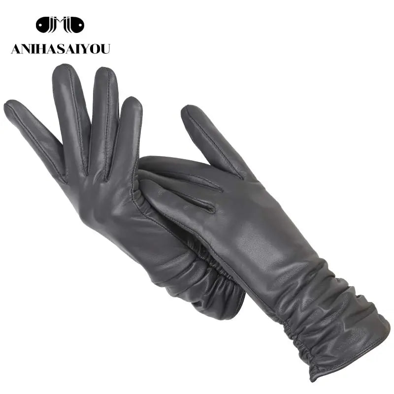 Classic Pleated Leather Gloves Women Color Real Leather Gloves Women Sheepskin Genuine Leather Winter Gloves Women-2081