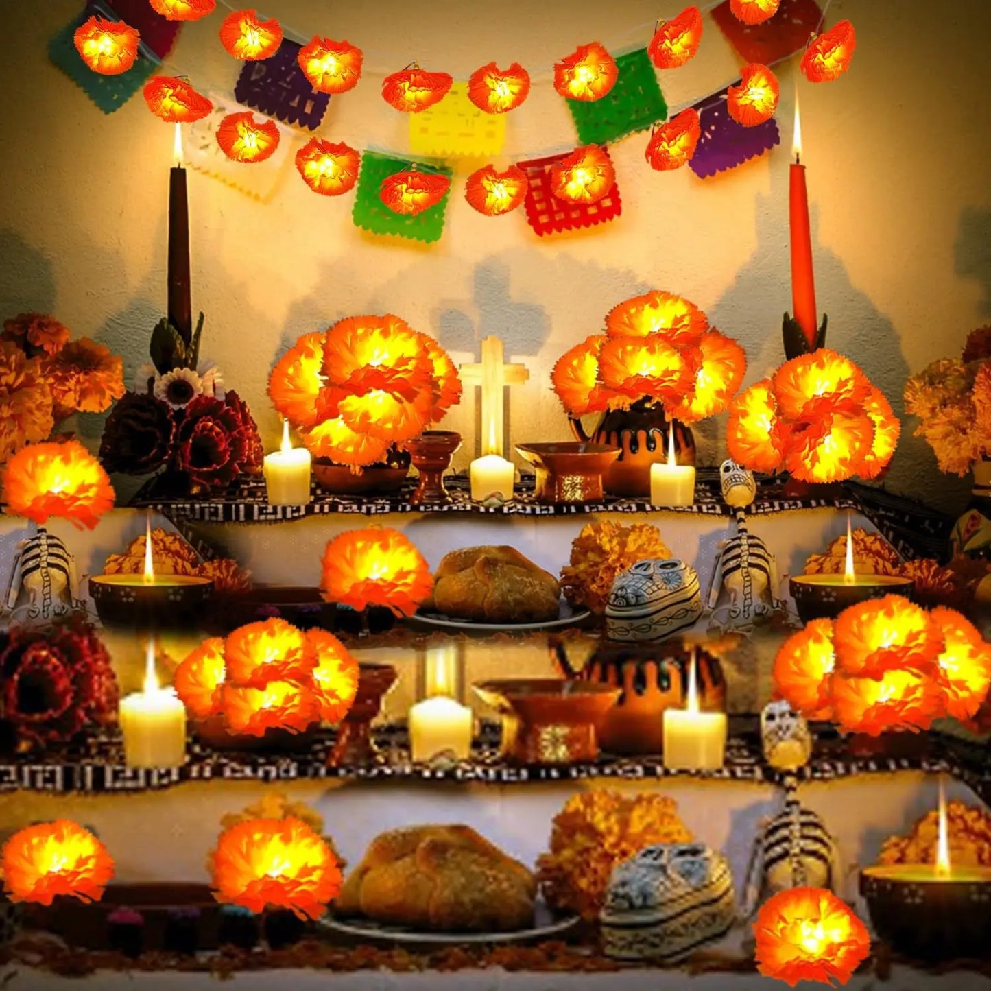Marigold Garland Light Artificial Marigold Flowers String Light Diwali Decor Halloween Day of the Dead Atmosphere Decorations