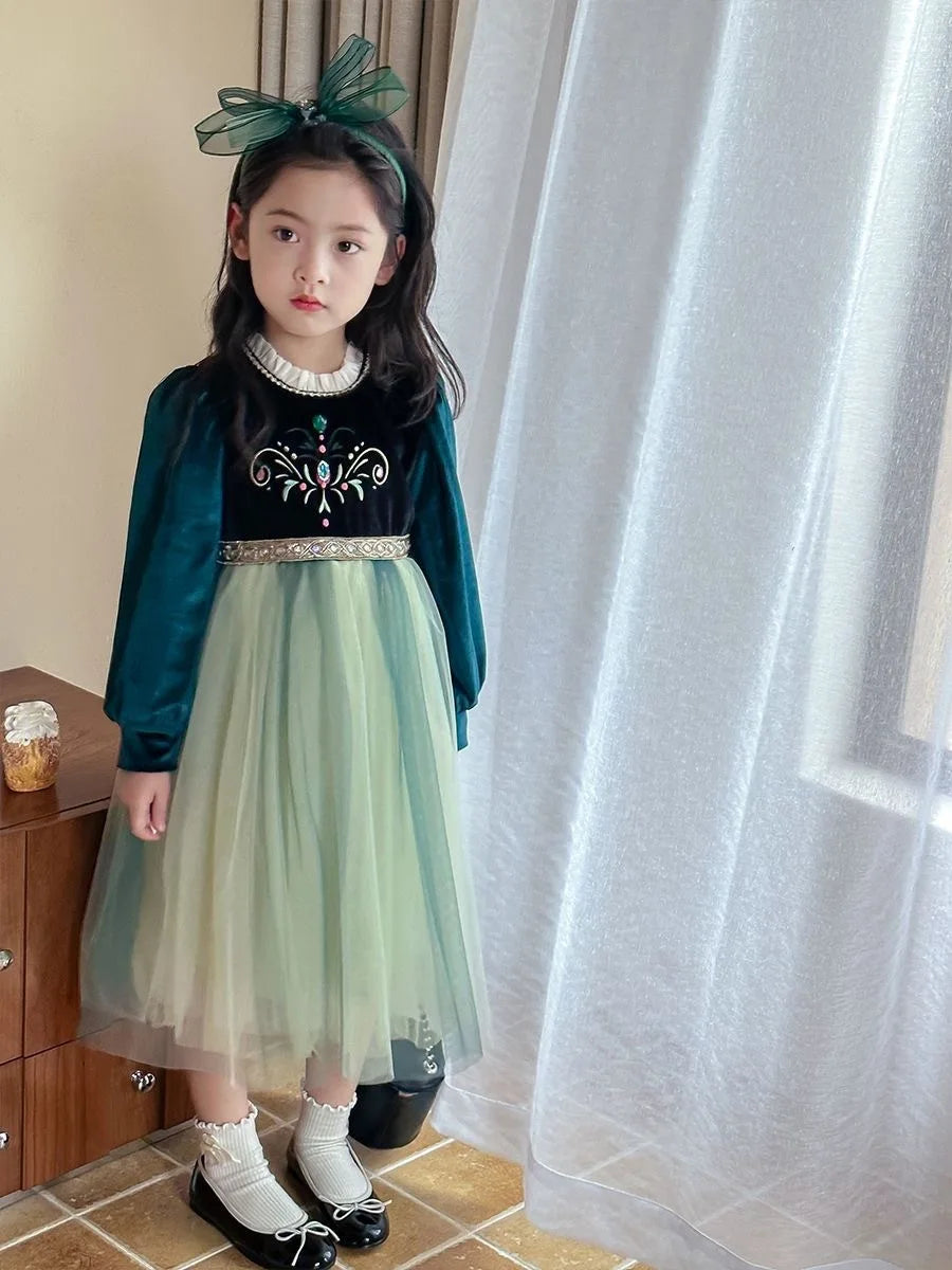 Girls' Autumn/Winter 2024 New Velvet Dress Children Halloween Cosplay Birthday Party Elegant Girl Anna Frozen Queen Green Dress