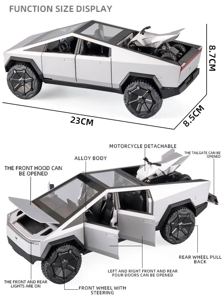 1:24 Tesla Pickup Model Alloy Car Simulation Off-Road Vehicle Sound and Light Pull Back Toy Car Boy Collection Decoration Gift