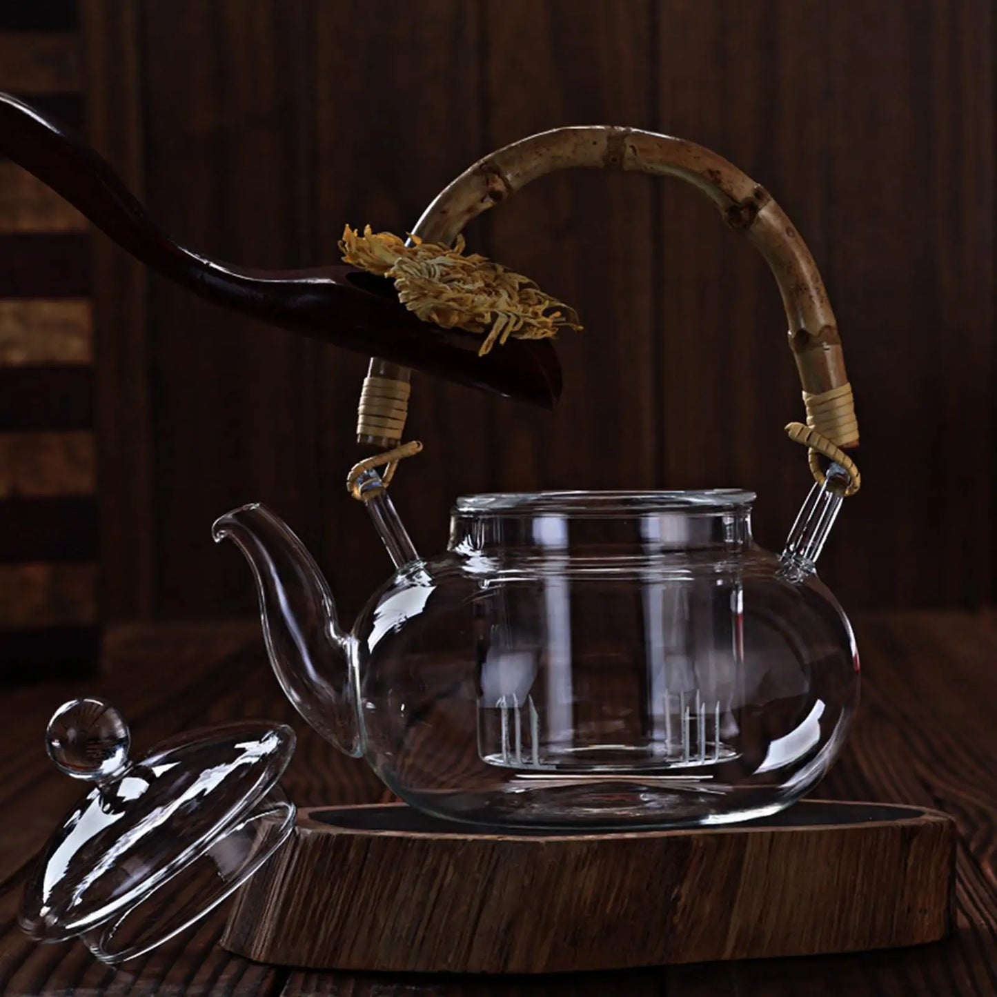 Glass Teapot With Infuser Tea Kettle Wood Handle Water Pitcher for Loose Leaf Juice Milk