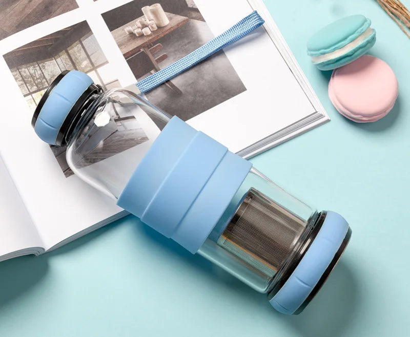550ML Portable Rope Sports&Outdoor Glass Water Bottle Fruit Juice Kettle Drink Cup Directly Stainless Steel Tea Strainer