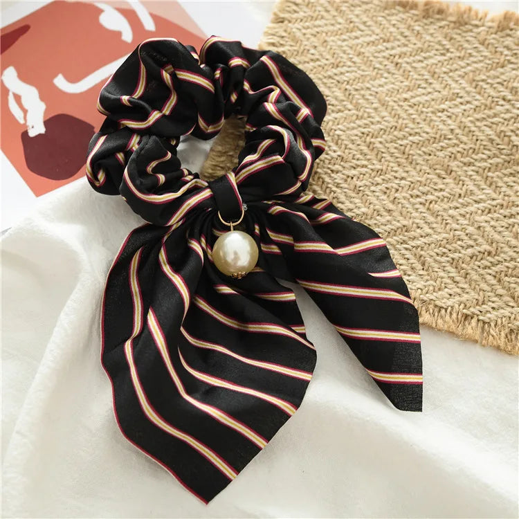 Chiffon Hair Scrunchies Women Fashion Pearl Ponytail Holder Hair Tie Hair Rope Rubber Bands Hair Accessories Bowknot Headwear